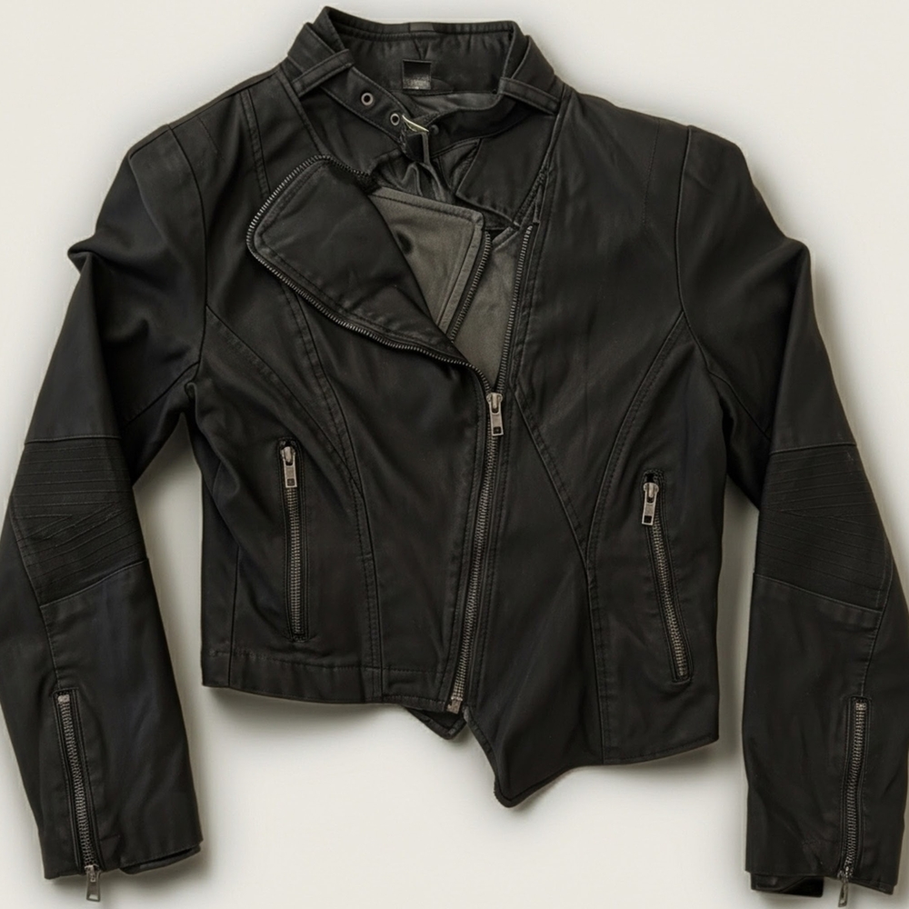 Double Zero Black Asymmetric Motorcycle Leather Jacket With Choker Women's Small